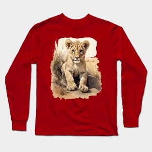 Cute Lion Cub On The Savanna Portrait Design Long Sleeve T-Shirt